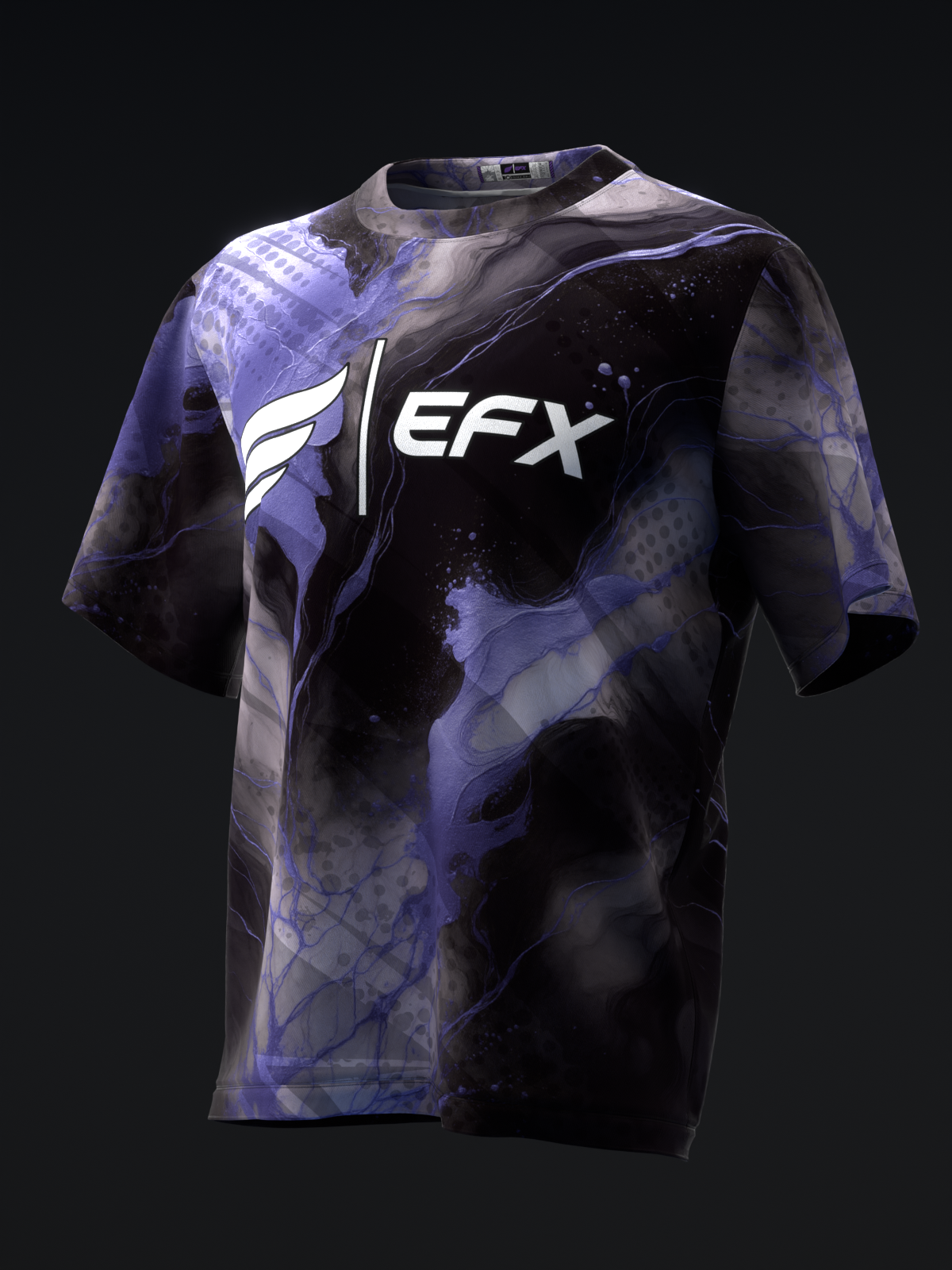 Black and purple marble bowling jersey with EFX logo, front view