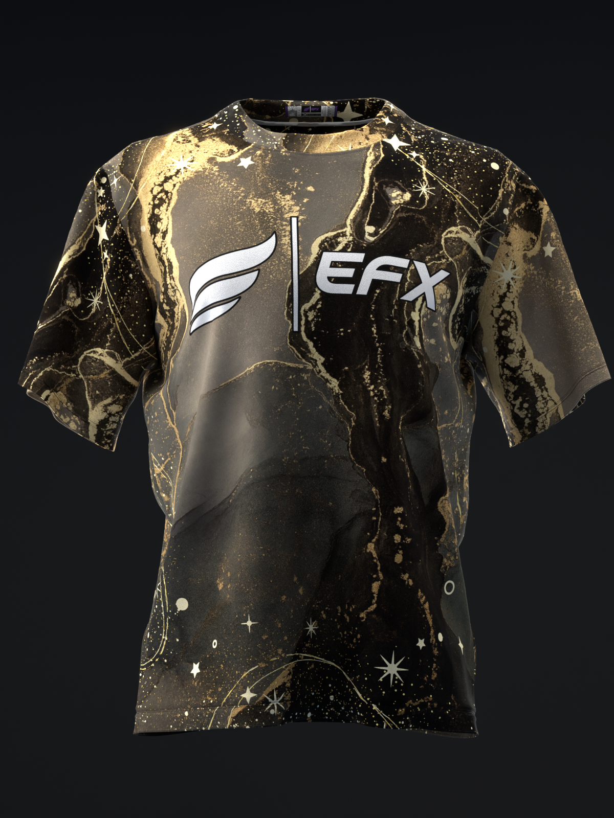 Black and gold marble bowling jersey with EFX logo and wing graphic, front view