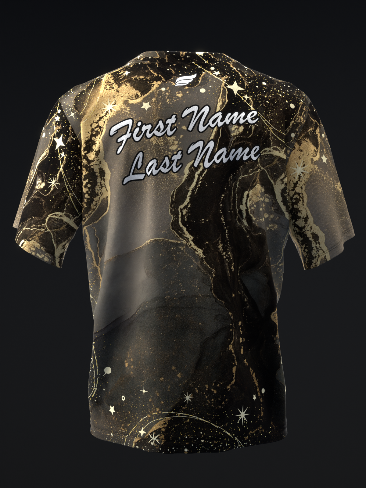 Black and gold marble bowling jersey with personalization text and stars