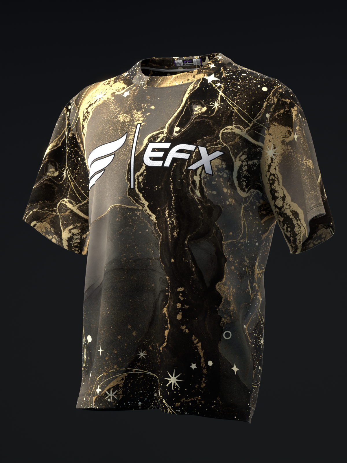 Black bowling jersey with gold marble splatter and glitter star pattern, front view