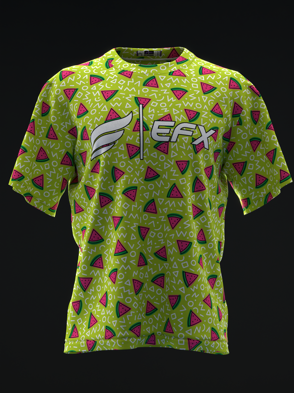 Lime green bowling jersey with watermelon and squiggle pattern, front view