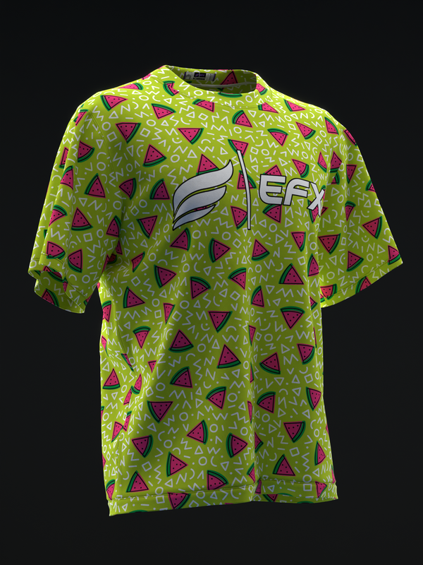 Lime green bowling jersey with watermelon and squiggle pattern throughout
