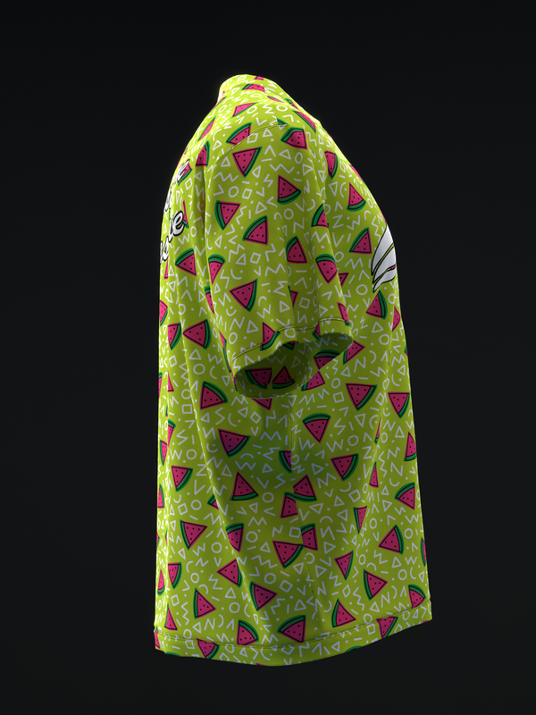 Lime green bowling jersey with magenta watermelon and squiggle pattern, side view