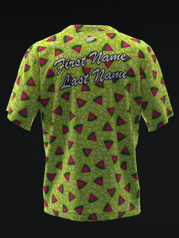 Lime bowling jersey with watermelon and geometric pattern, back view with personalization