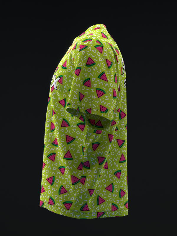 Lime green bowling jersey with watermelon and squiggle pattern, side view