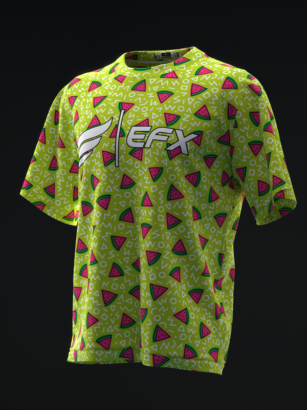Lime bowling jersey with magenta watermelon and geometric pattern design, front view