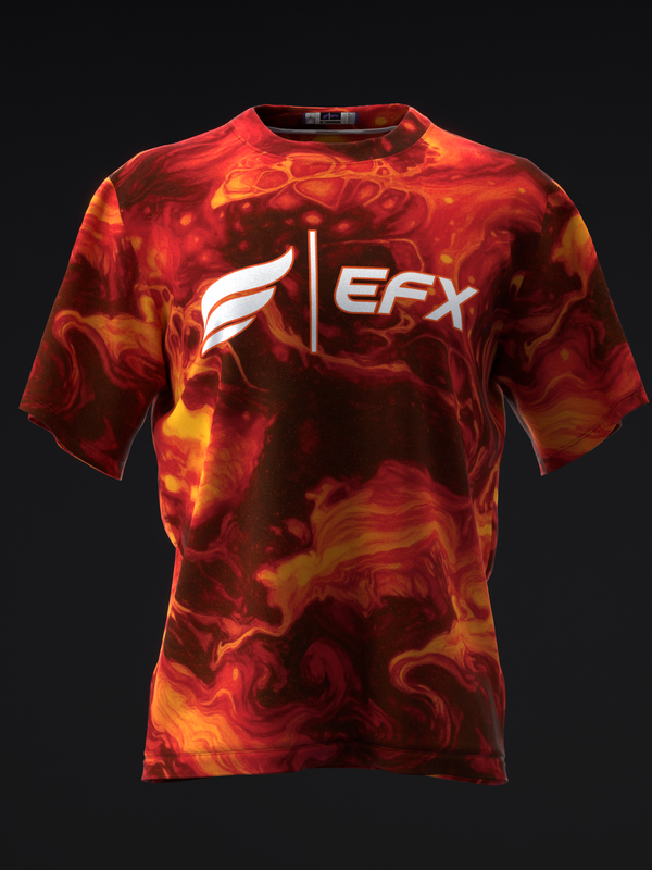 Red and orange flame pattern bowling jersey with EFX logo front view
