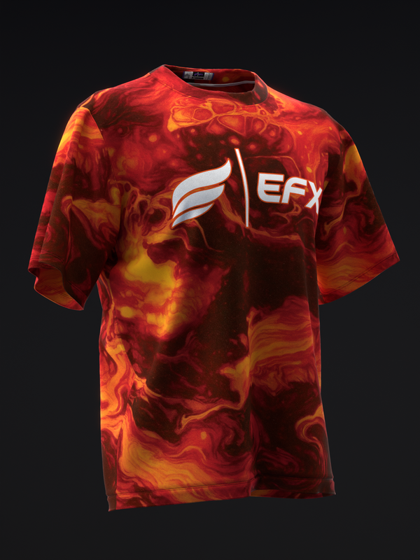 Red and orange tie-dye bowling jersey with EFX logo, front view