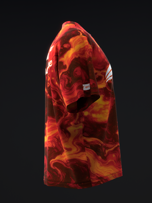 Red and orange marble swirl bowling jersey, side view with white stripe detail