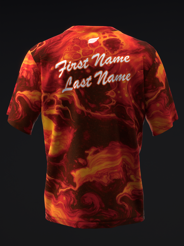 Red and gold flame pattern bowling jersey back view with personalized name text