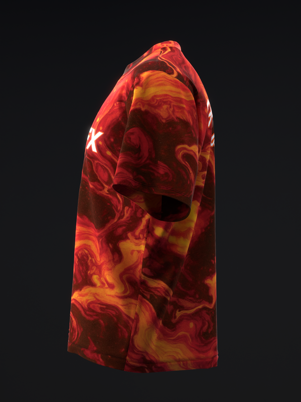 Red and orange marble print bowling jersey, side view against black background