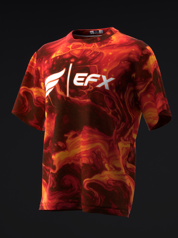 Red and orange marble-patterned bowling jersey with white EFX logo, front view