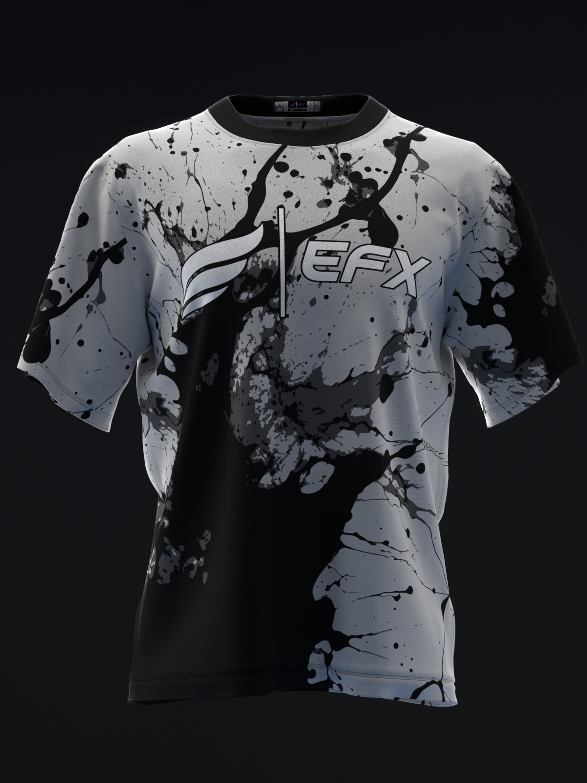 Gray and black bowling jersey with splatter paint design and EFX logo, front view