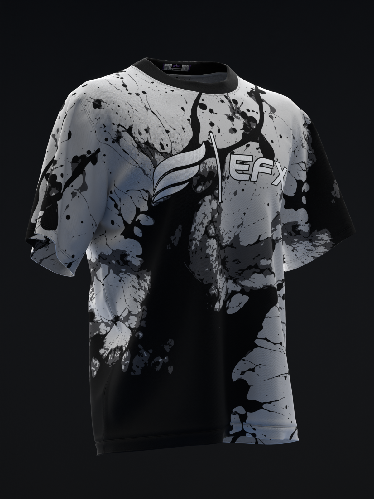 Gray and black bowling jersey with abstract splatter and wings graphic design, front view
