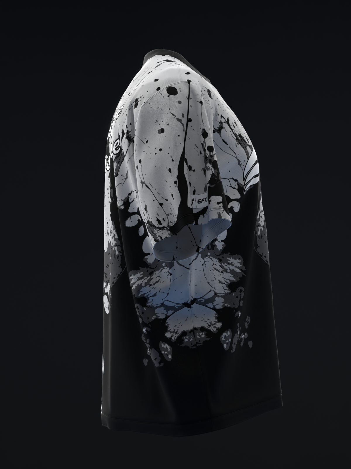 Black bowling jersey with gray and white splatter paint design, front view