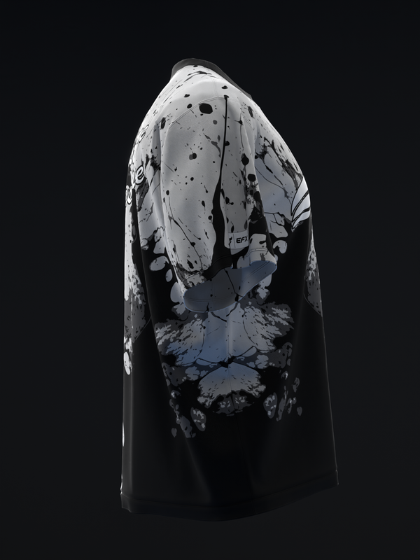 Black bowling jersey with gray and white splatter paint design, front view