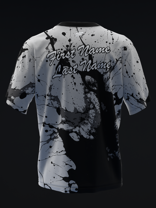 Gray and black bowling jersey with abstract splatter design and personalized name text
