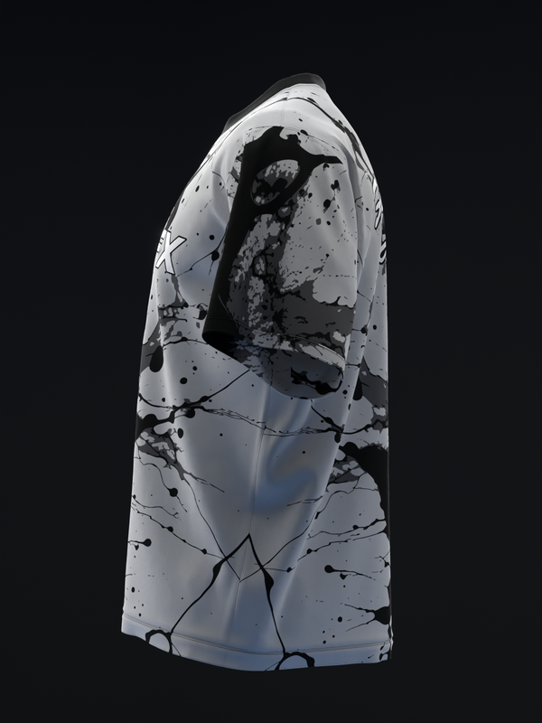 White bowling jersey with black abstract splatter and line design, front view