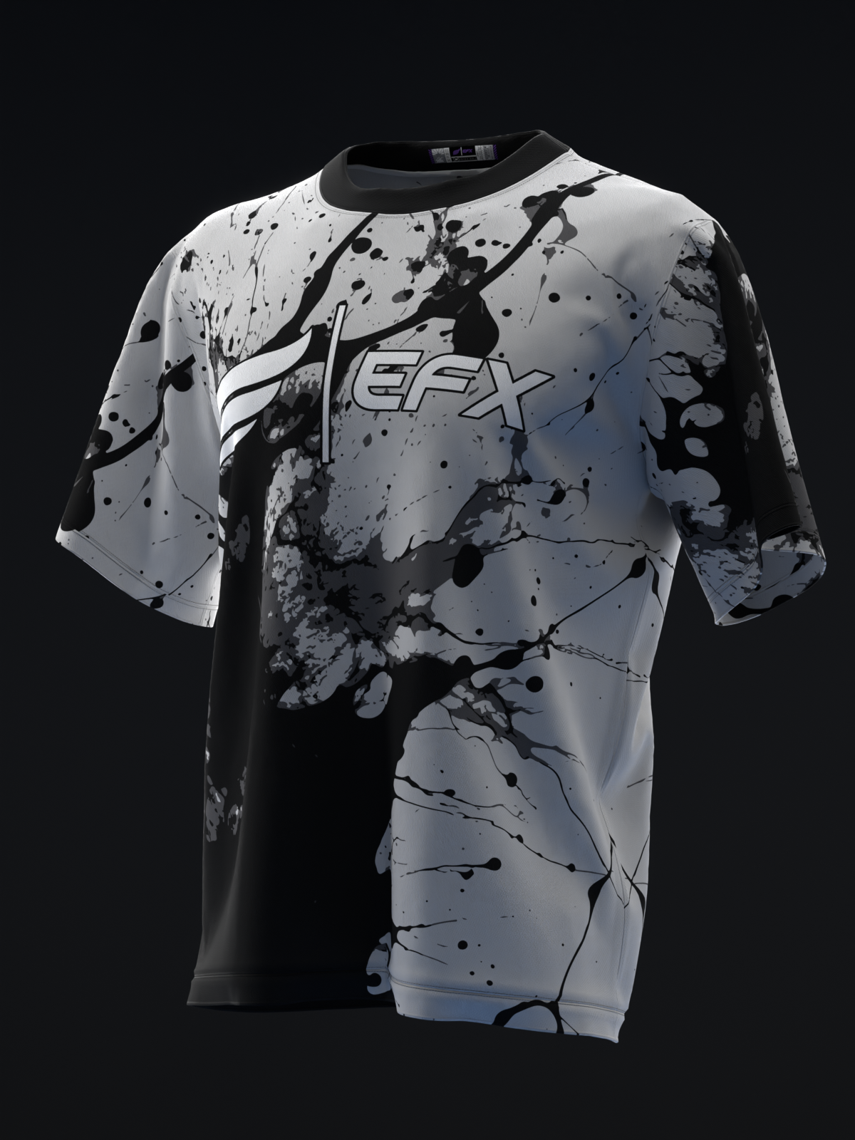 Gray and black bowling jersey with abstract splatter and line graphic design, front view