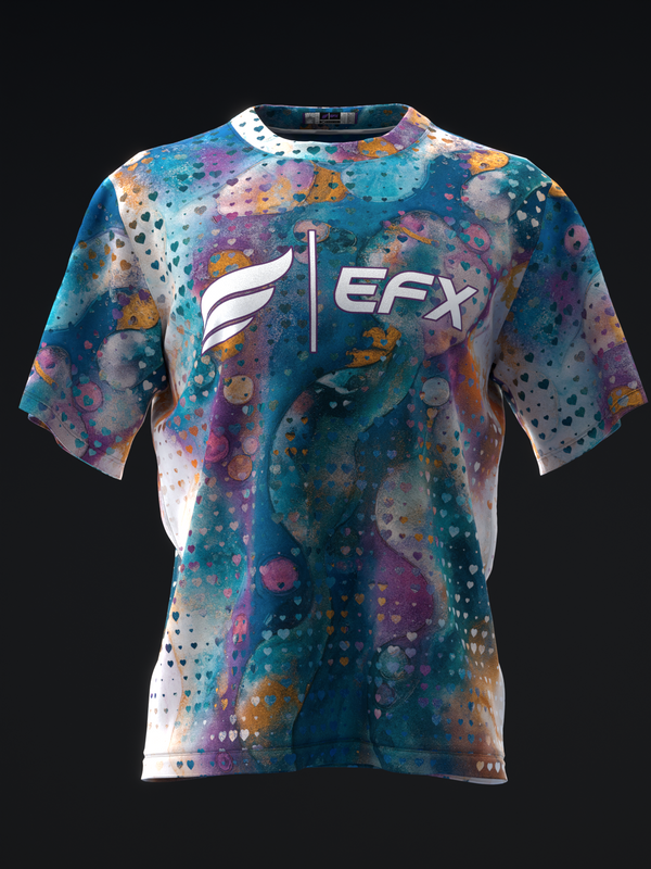 Front view bowling jersey with multicolored watercolor mosaic pattern and EFX logo