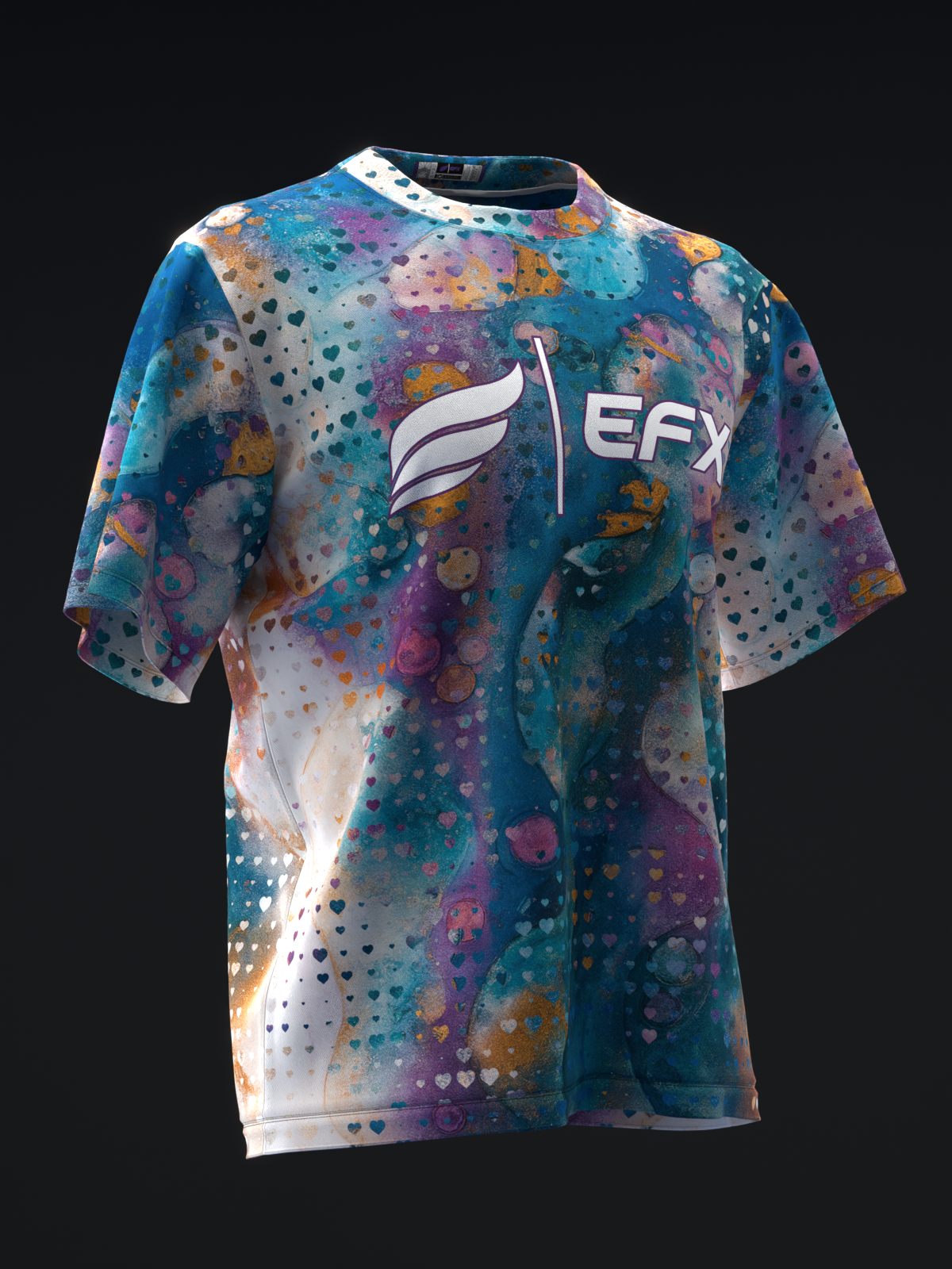 Blue bowling jersey with multicolored mosaic and dot pattern design, EFX logo visible