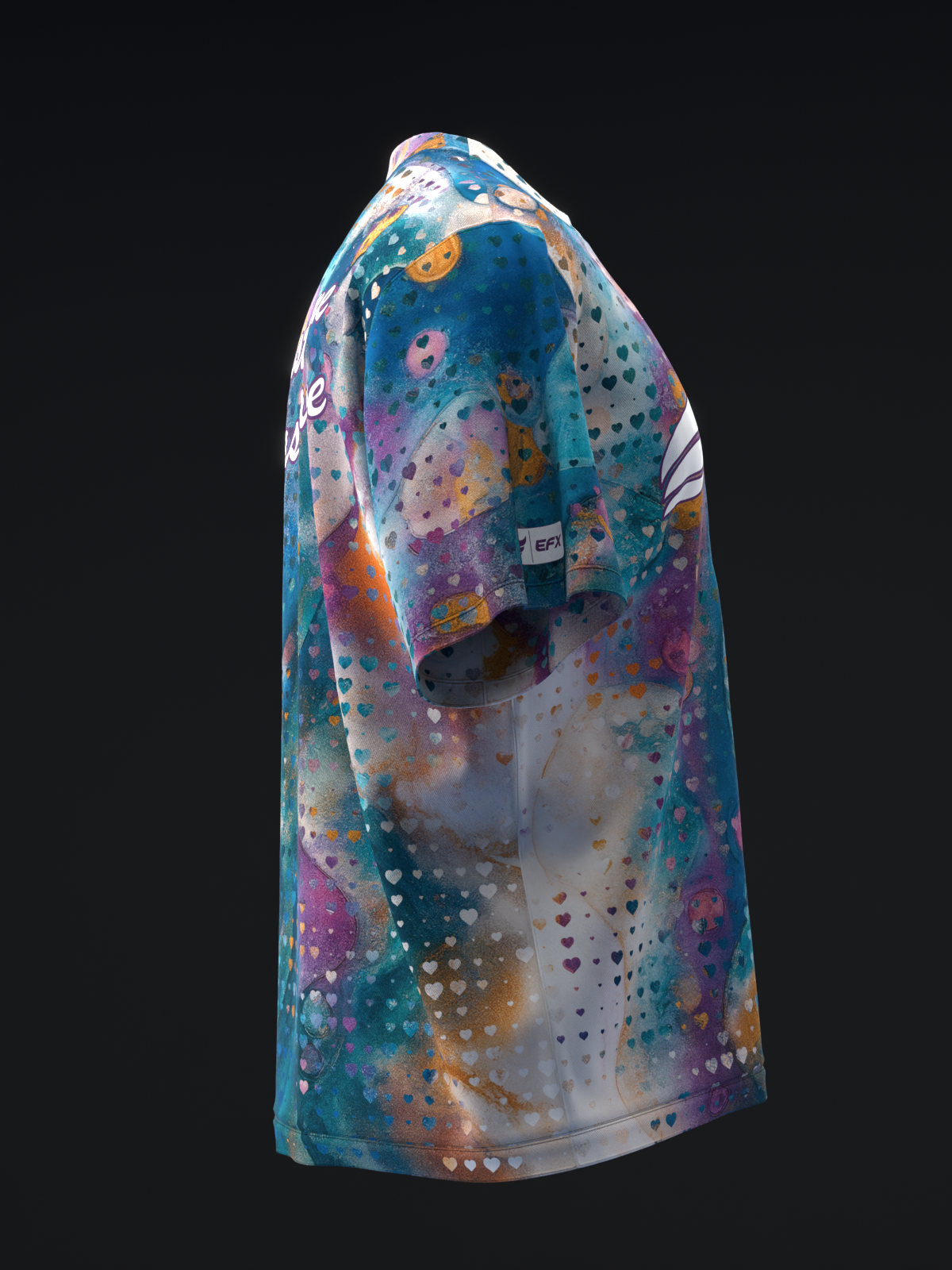Bowling jersey with multicolored mosaic and heart pattern on white base, side view