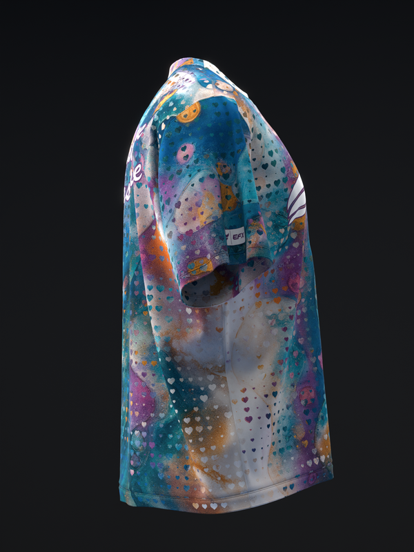 Bowling jersey with multicolored mosaic and heart pattern on white base, side view