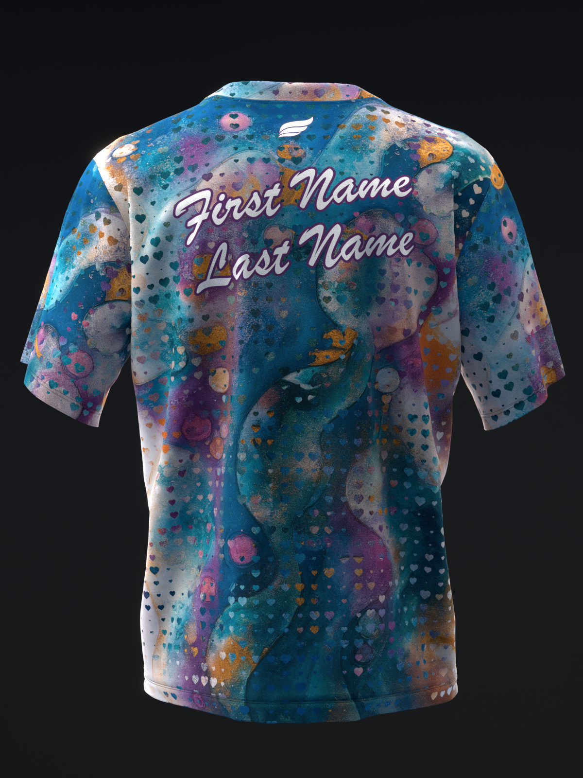 Blue bowling jersey with colorful mosaic pattern and personalized name text on back