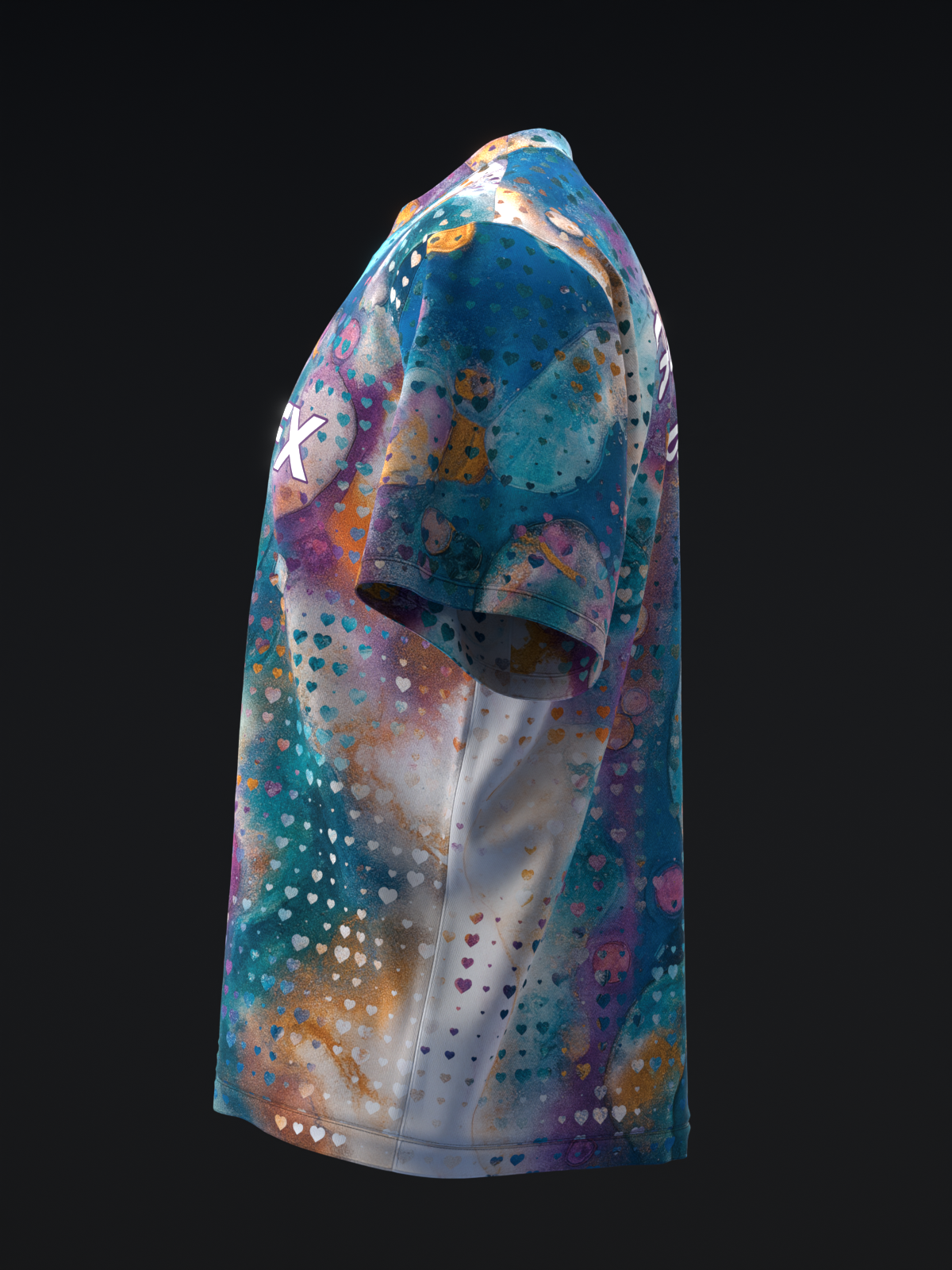 Multicolored bowling jersey with abstract mosaic and heart pattern design, side view