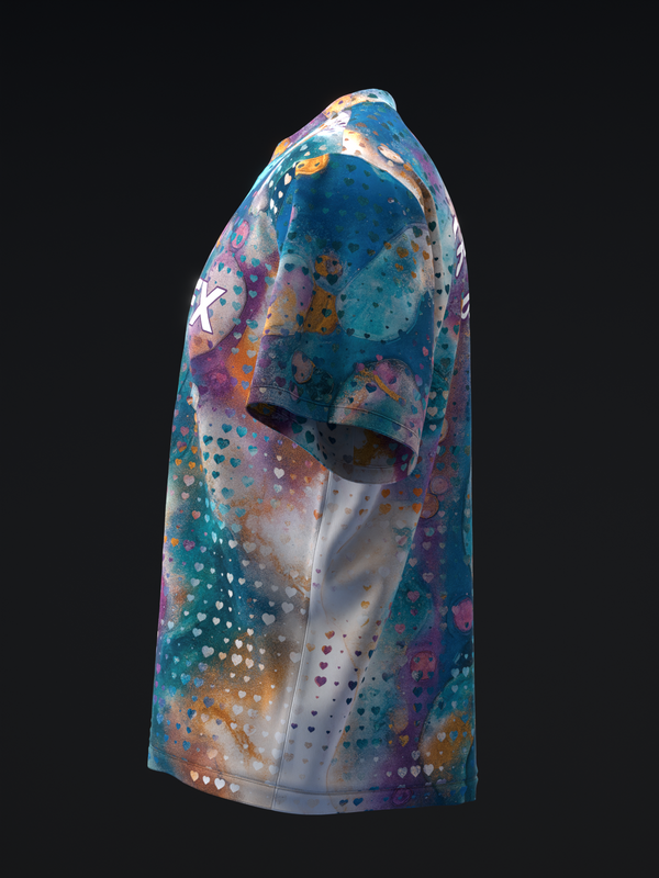 Multicolored bowling jersey with abstract mosaic and heart pattern design, side view