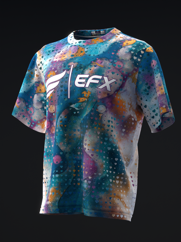 Teal bowling jersey with multicolor mosaic pattern and white EFX logo, front view