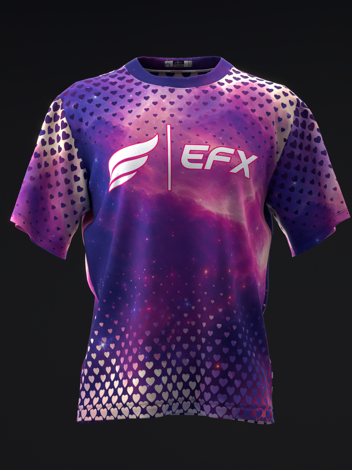 Purple and pink gradient bowling jersey with geometric dot pattern and EFX logo, front view
