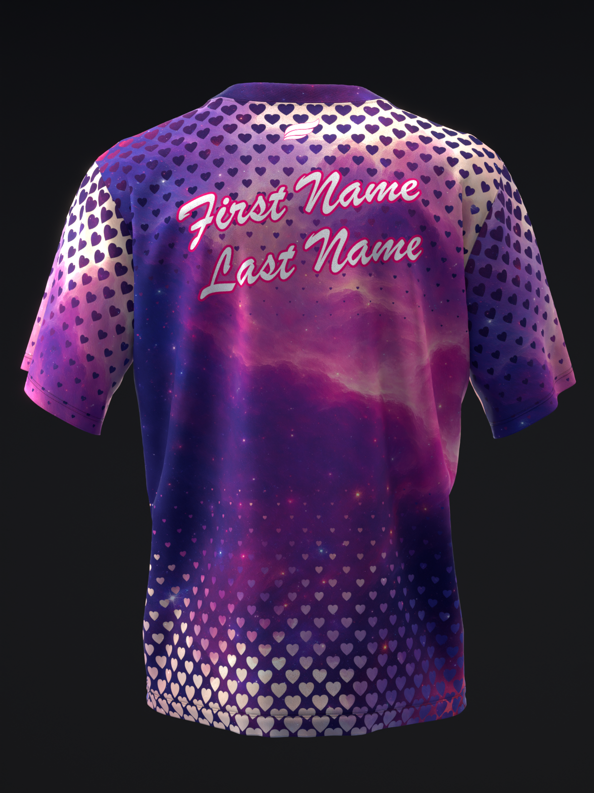Purple and pink gradient bowling jersey with heart pattern and personalized text back view