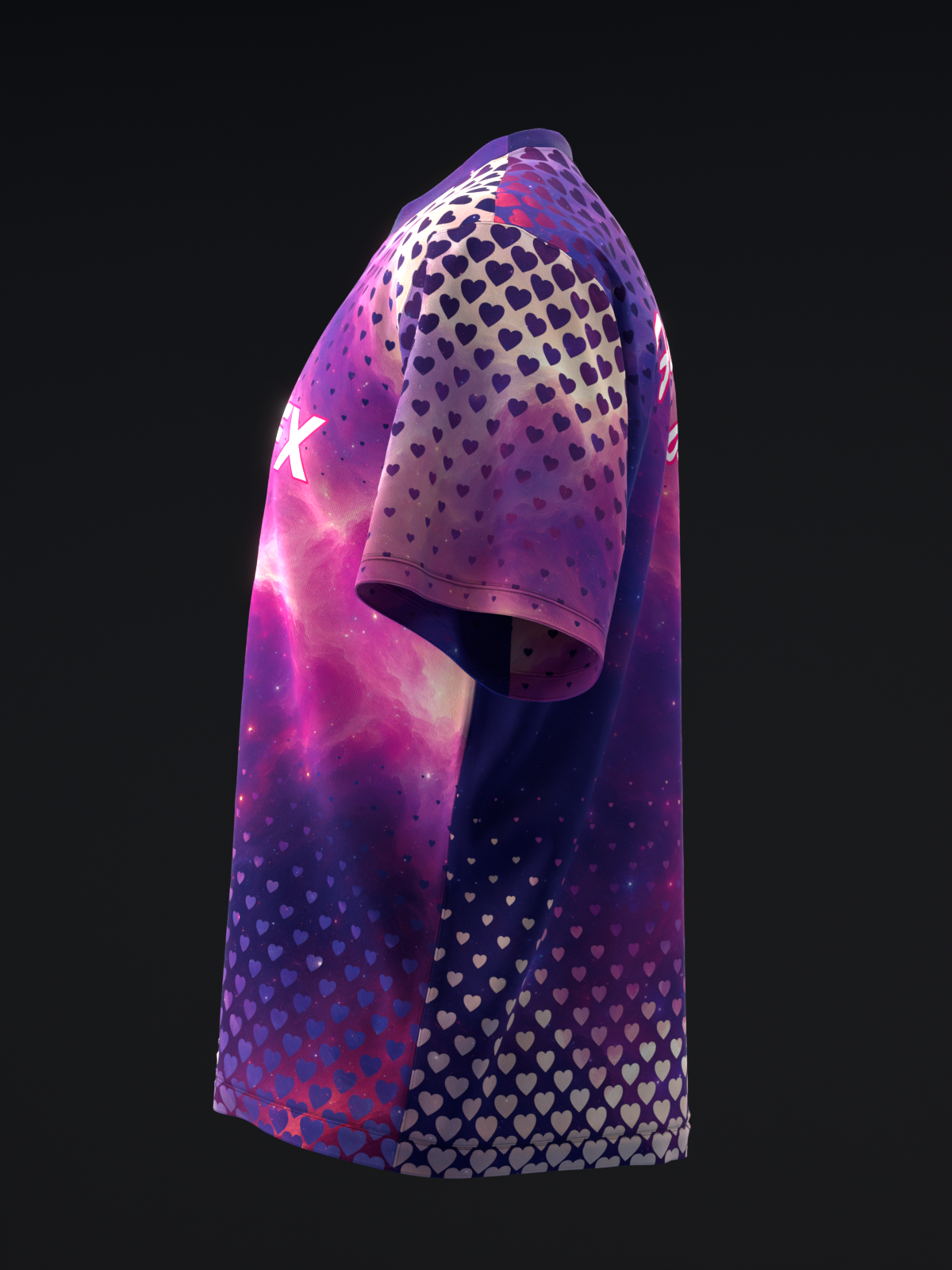 Purple and pink ombre bowling jersey with heart pattern design, side view