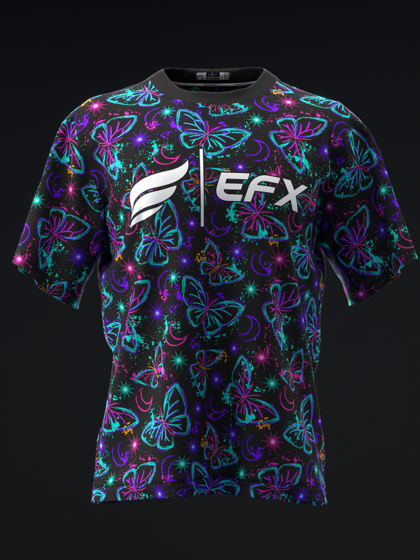 Black bowling jersey with neon butterfly and star pattern, front view