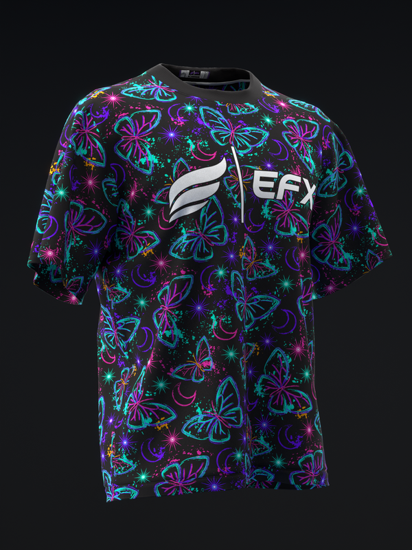 Black bowling jersey with neon butterfly and star print, EFX logo front