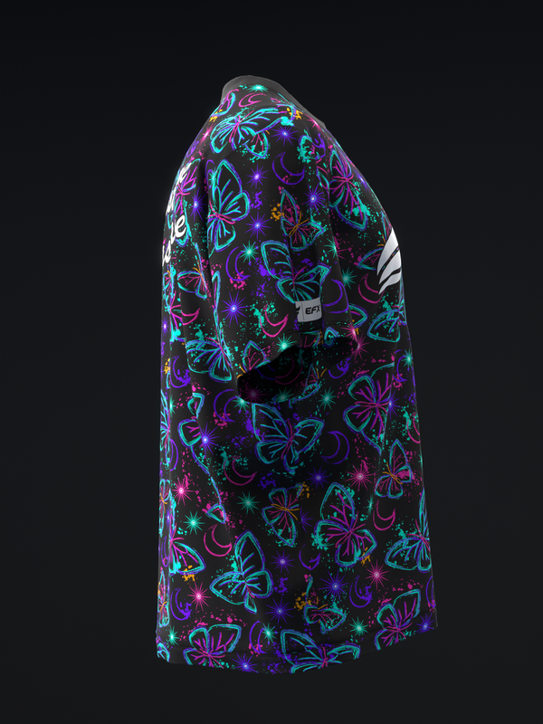 Black bowling jersey with neon butterfly and star pattern, side view