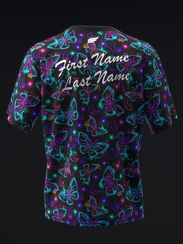 Black bowling jersey with neon butterfly and sparkle pattern, personalization text visible
