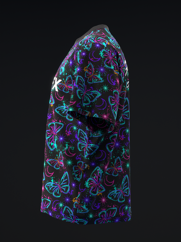 Black bowling jersey with neon butterfly and star pattern, side view