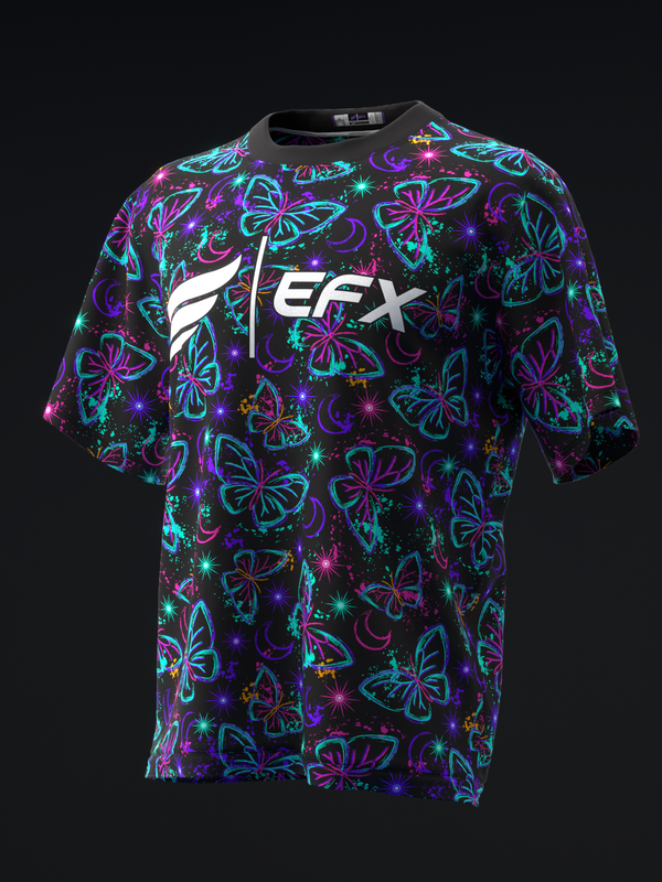 Black bowling jersey with neon butterfly and star pattern, front view