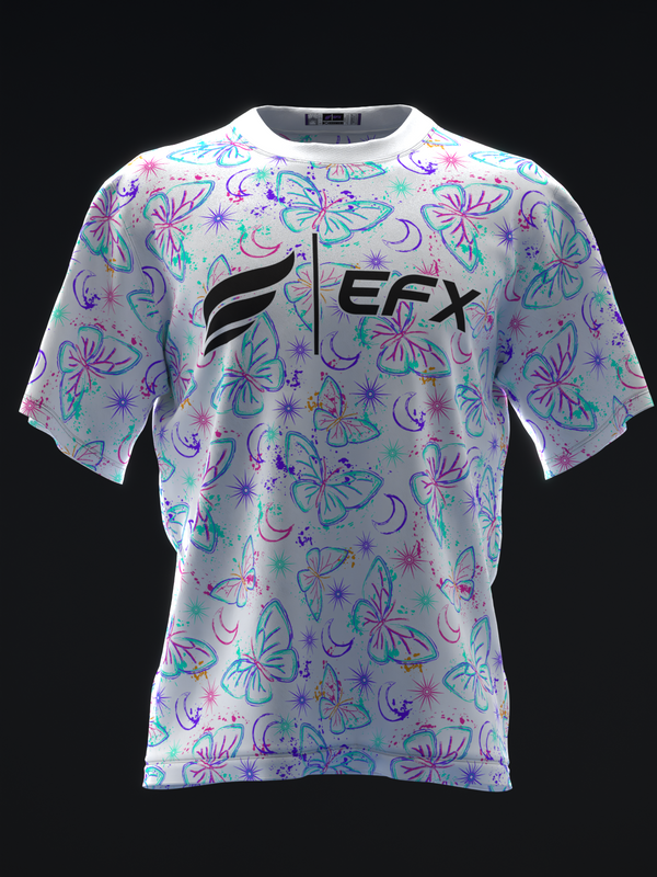 White bowling jersey with colorful butterfly and celestial pattern front view