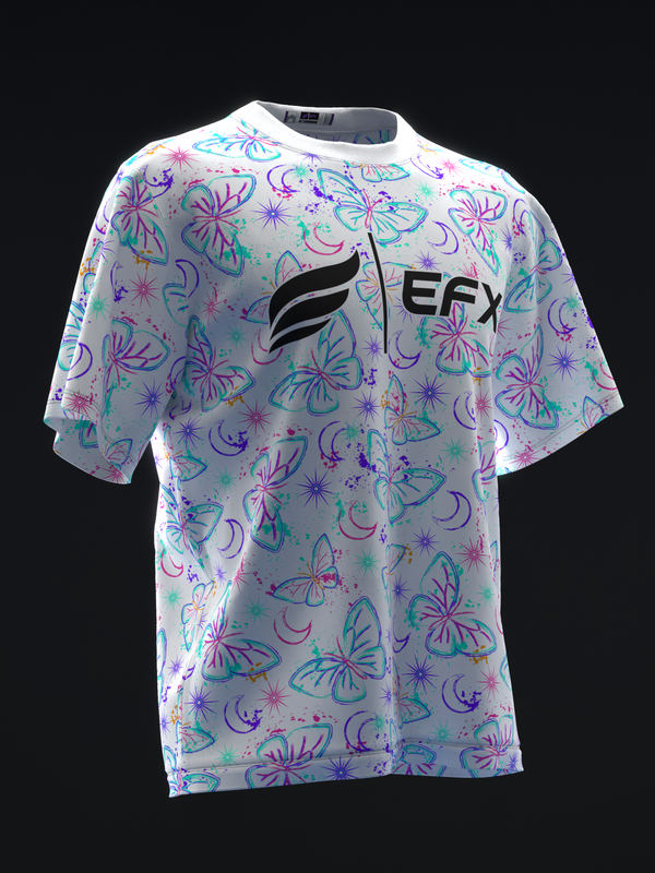 White bowling jersey with colorful neon butterflies and moons pattern, front view