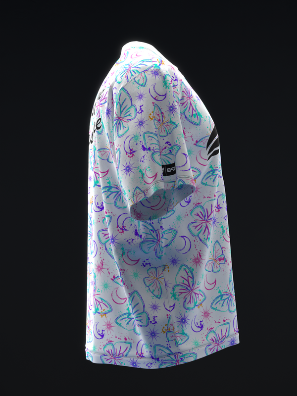 White bowling jersey with colorful butterfly and star pattern, side view