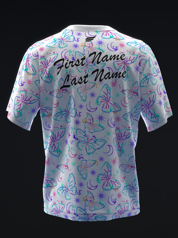White bowling jersey with neon butterfly and star pattern, back view with personalization