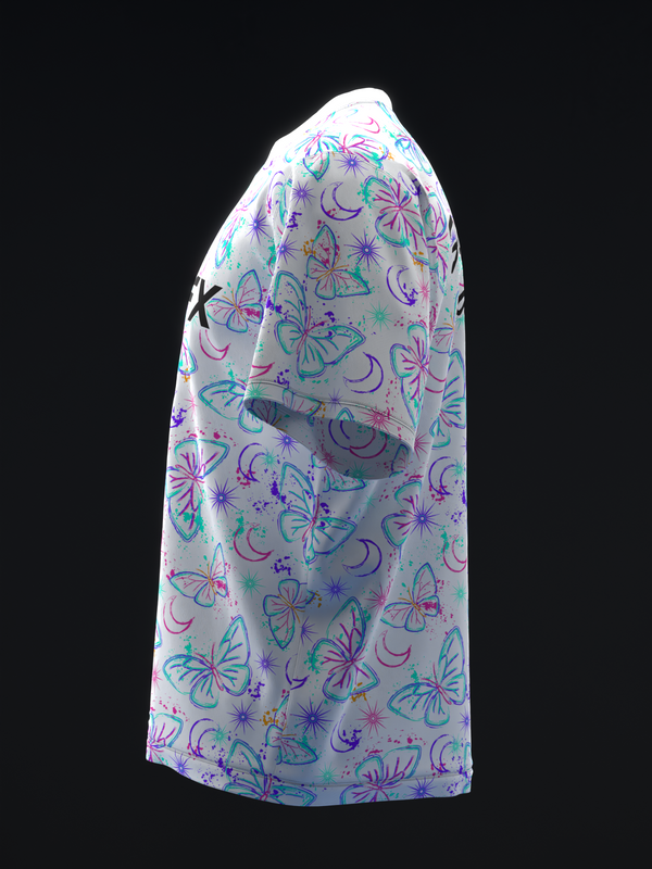 White bowling jersey with multicolored butterfly and celestial pattern, side view