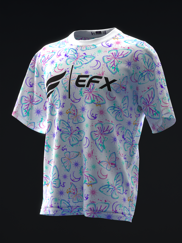 White bowling jersey with colorful butterfly and floral all-over print, front view