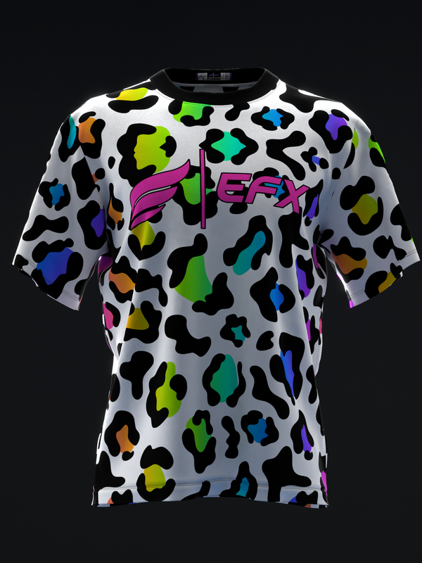 Front view of white bowling jersey with colorful neon cheetah print pattern and magenta logo