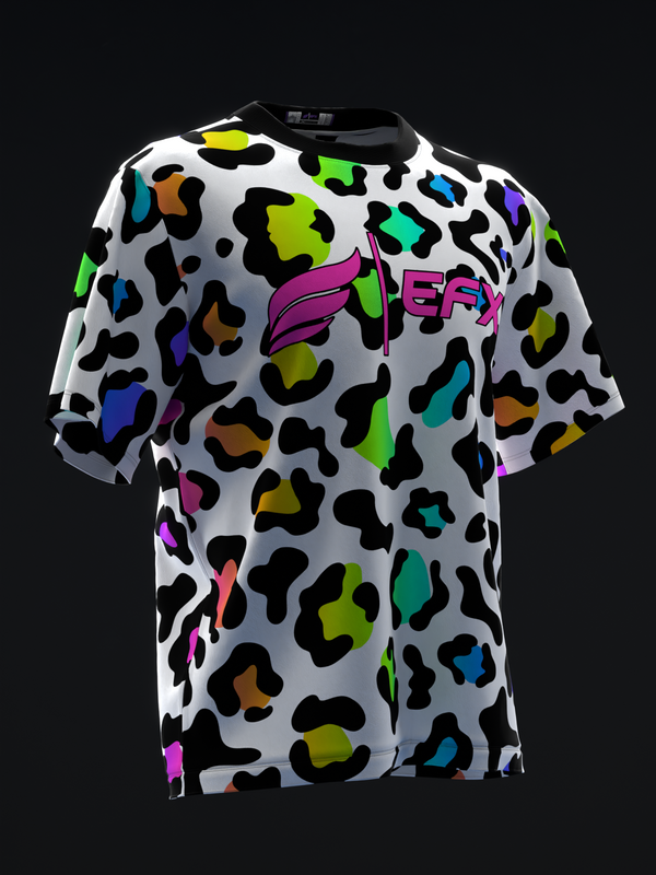White bowling jersey with multicolor neon leopard print pattern and EFX logo