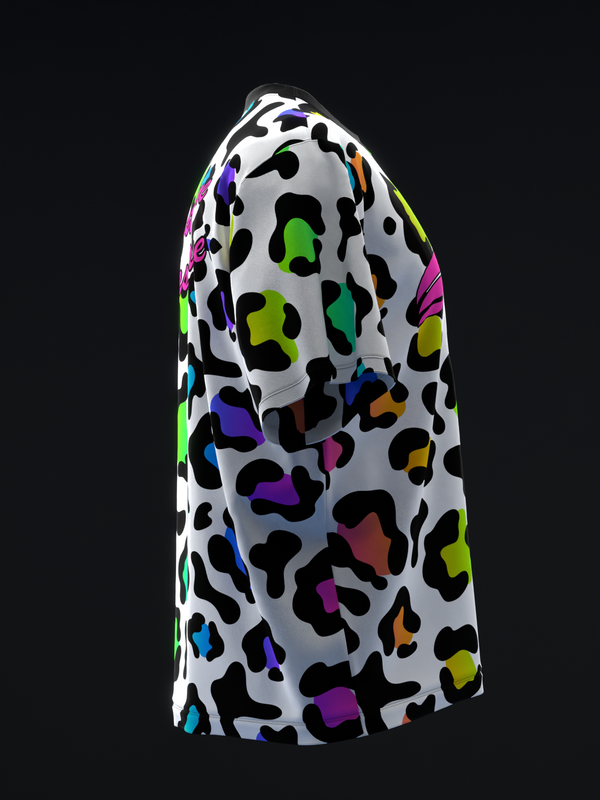 White bowling jersey with multicolored neon leopard print pattern, front view