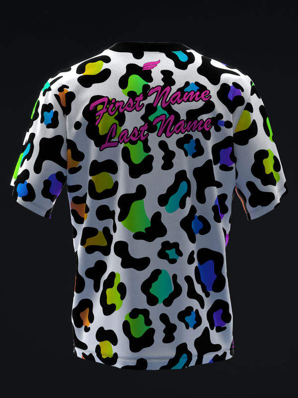 White bowling jersey with colorful neon leopard print and script text back view